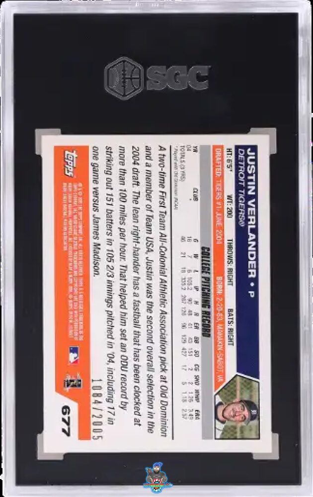 Back of 2005 Topps Gold Justin Verlander #677