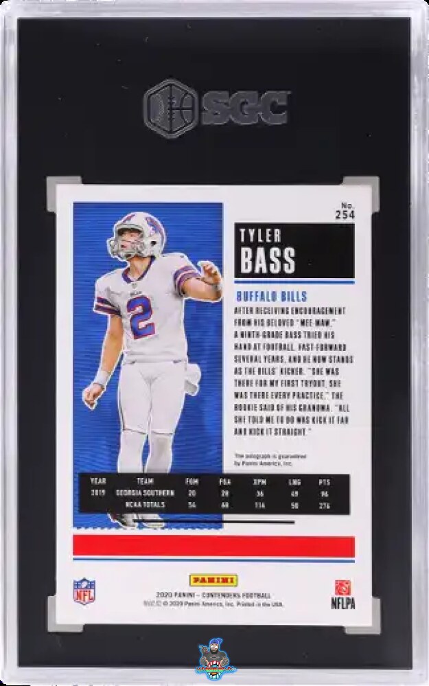 Back of 2020 Panini Contenders Auto. Tyler Bass #254