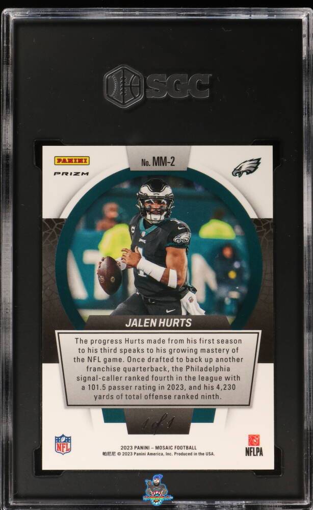 Back of 2023 Panini Mosaic Men of Mastery Black Prizm 1/1 Jalen Hurts #MM-2