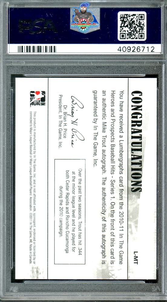 Back of 2011 Itg Heroes and Prospects Lumbergraph Autograph Mike Trout #MT /100