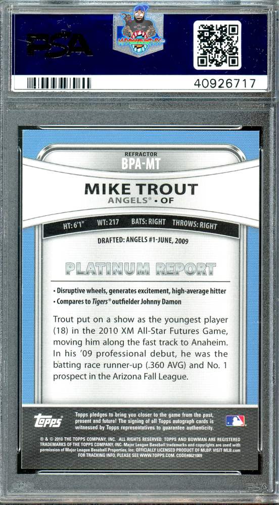 Back of 2010 Bowman Platinum Prospect Autograph Mike Trout #BPA-MT