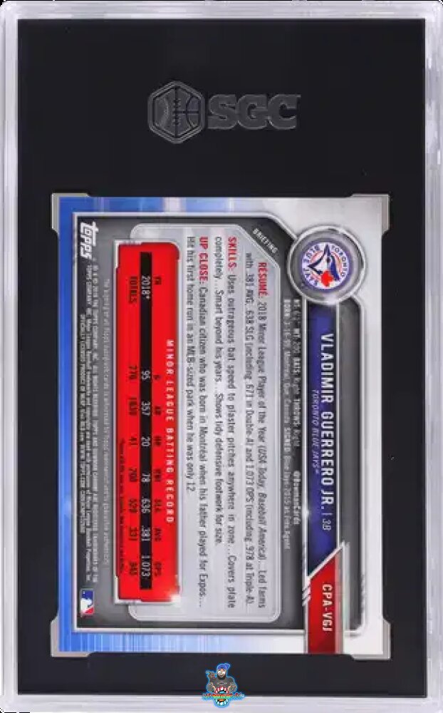 Back of 2019 Bowman Chrome Draft Auto. Orange Shimmer Refractor Vladimir Guerrero Jr. #CPA-VGJ