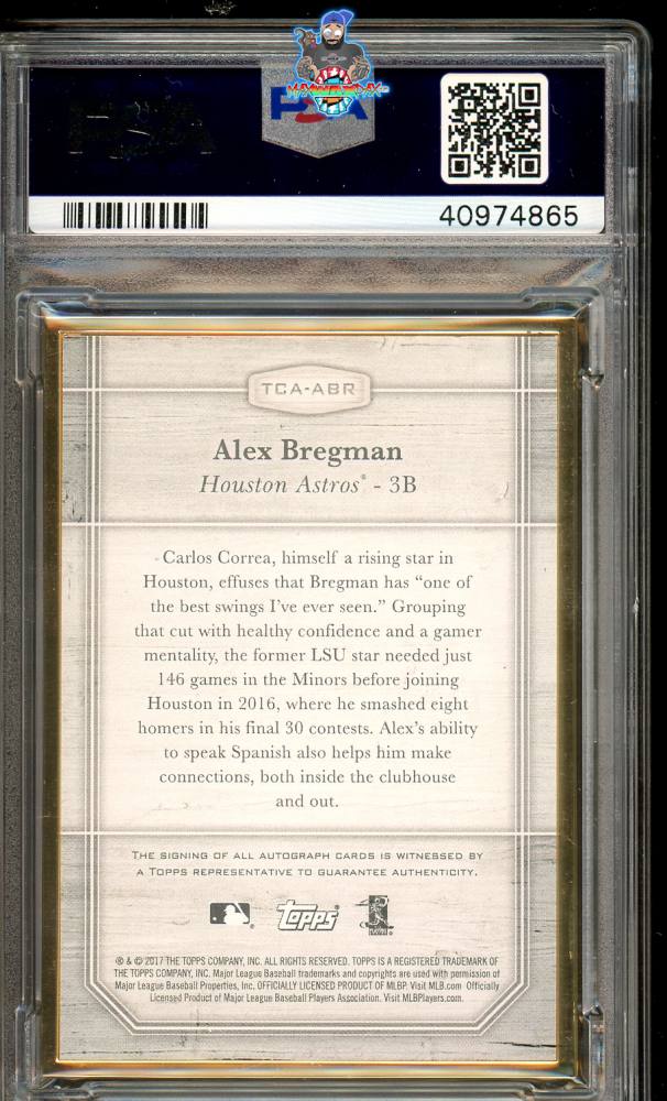 Back of 2017 Topps Transcendent White Jersey Autograph Red Alex Bregman #TCAABR /1