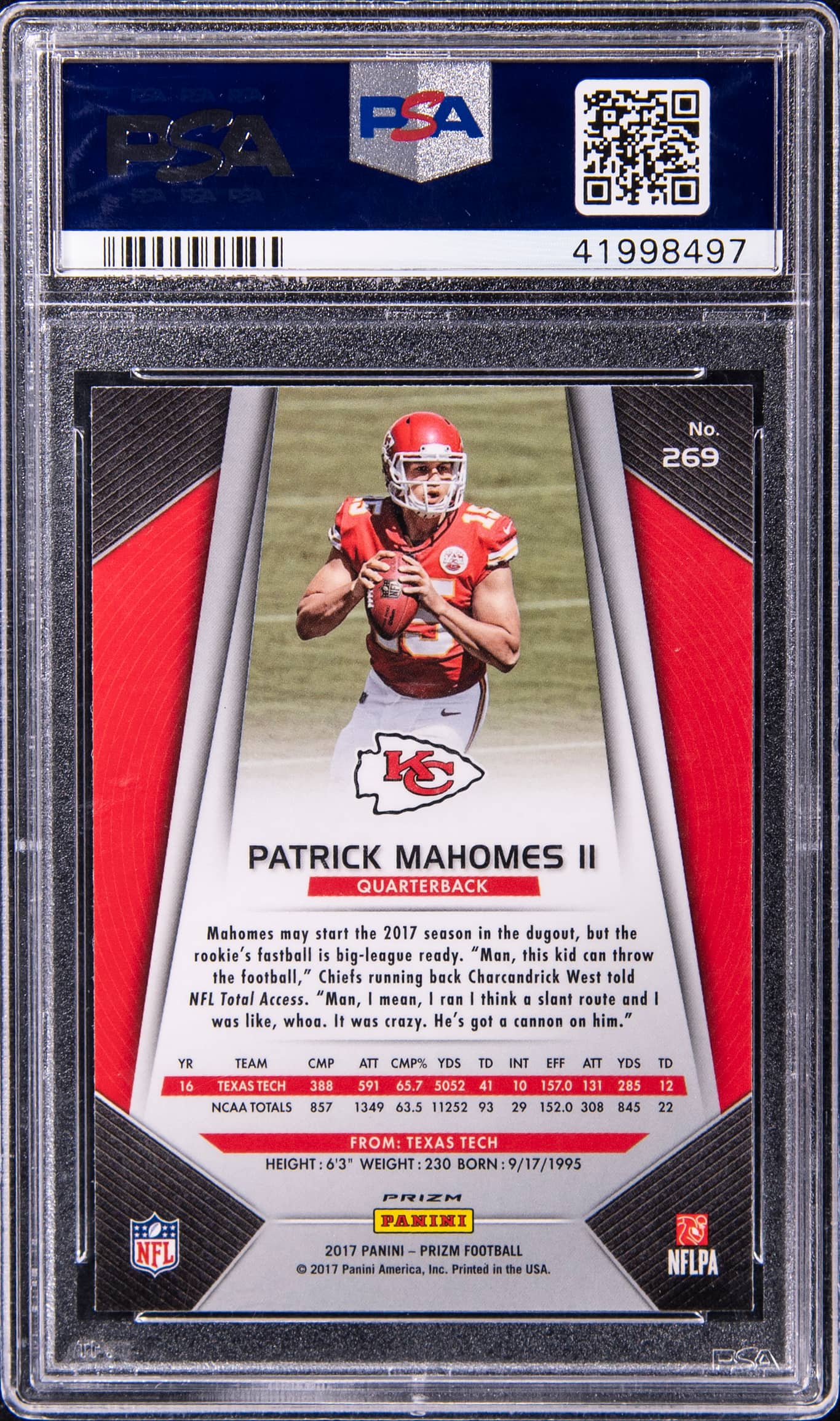 Back of 2017 Panini Prizm Disco Prizm Patrick Mahomes II #269