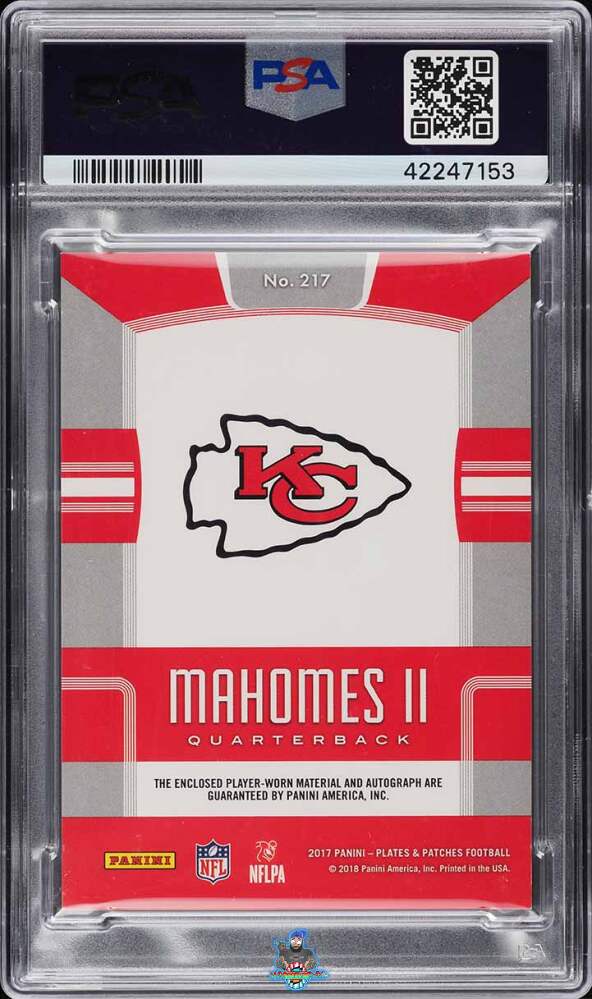 Back of 2017 Panini Plates and Patches Patch Autograph Red Patrick Mahomes II #217 /5