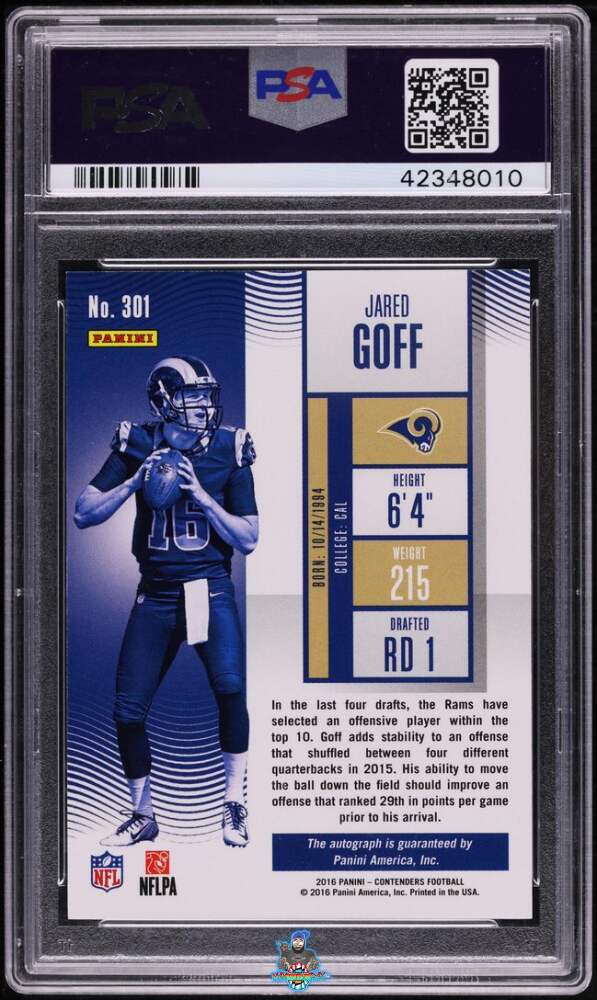 Back of 2016 Panini Contenders Autograph Playoff Ticket Jared Goff #301A /25