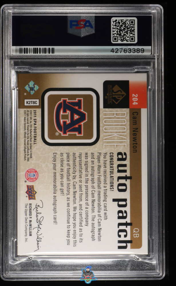 Back of 2011 SP Authentic Autograph Patch Cam Newton #204 /299