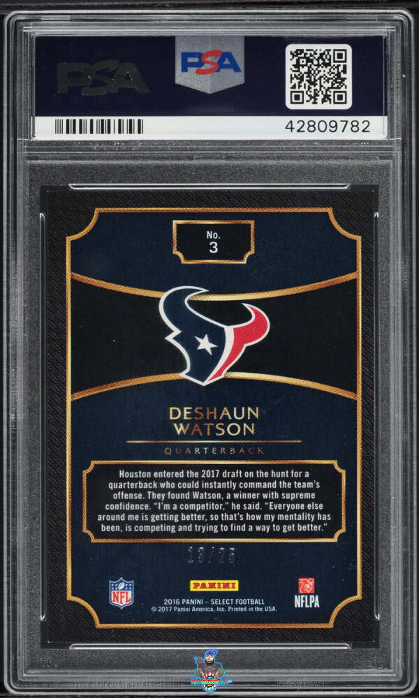 Back of 2016 Panini Select '17 Rookie Prizms Tie Dye Deshaun Watson #3 /25