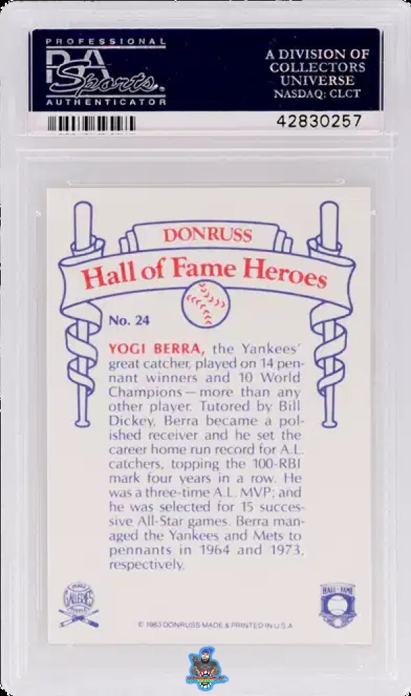 Back of 1983 Panini Donruss Hall of Fame Heroes Yogi Berra #24