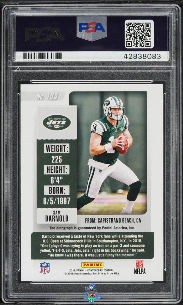 Back of 2018 Panini Contenders Running Variation Rookie Ticket Autograph Cracked Ice Sam Darnold #103A /24