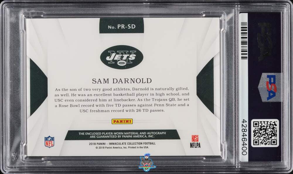 Back of 2018 Panini Immaculate Collection Rookie Premium Patch Autograph NFL Shield Sam Darnold #2 /1