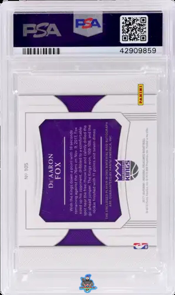 Back of 2017 National Treasures Rookie Patch Autograph De'Aaron Fox #105 /99