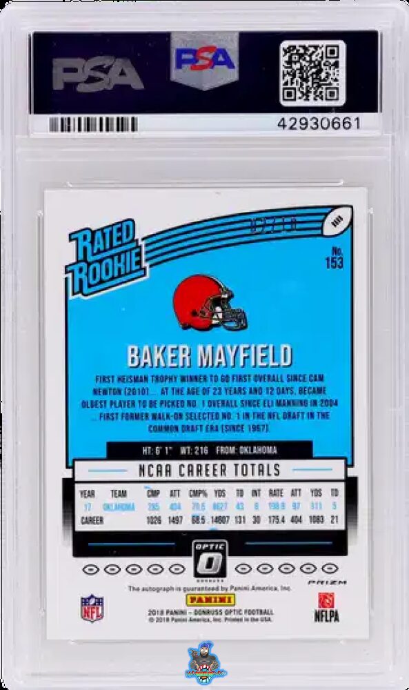Back of 2018 Donruss Optic Rated Rookie Autograph Gold Baker Mayfield #153 /10