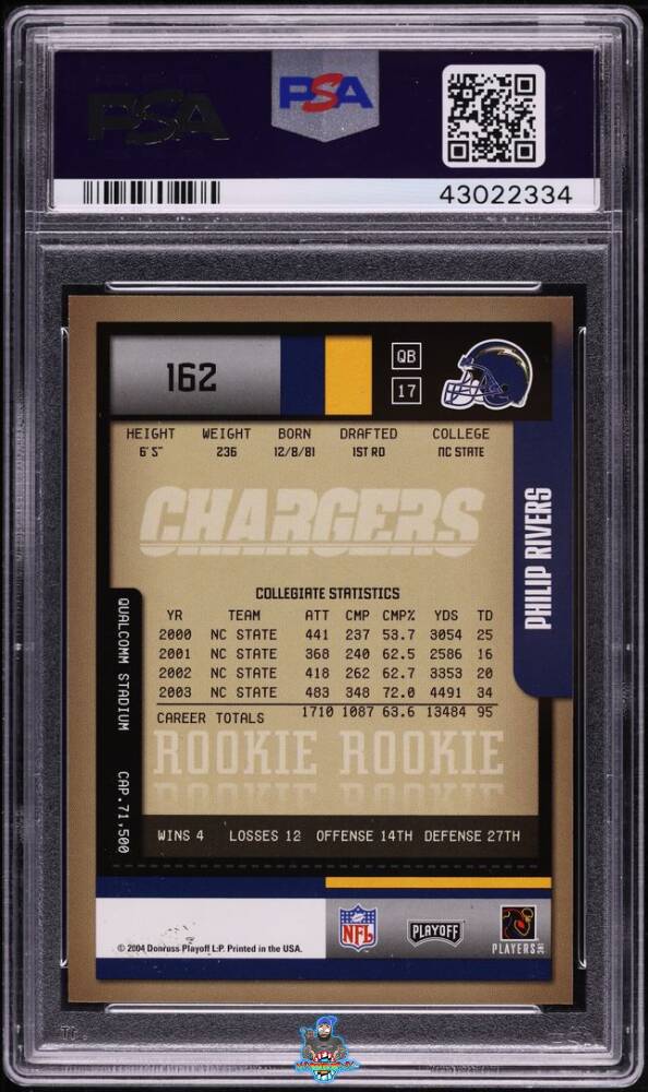 Back of 2004 Playoff Contenders Autograph Philip Rivers #162 /556