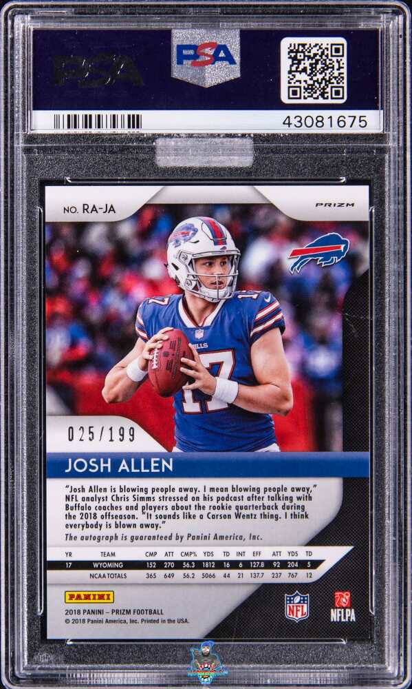 Back of 2018 Panini Prizm Rookie Autograph Red Wave Prizm Josh Allen #RA-JA /199