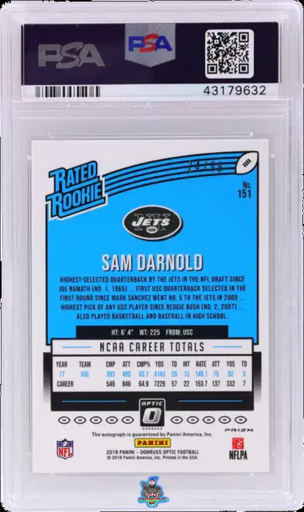 Back of 2018 Donruss Optic Rookie Autographs Holo Sam Darnold #151 /99