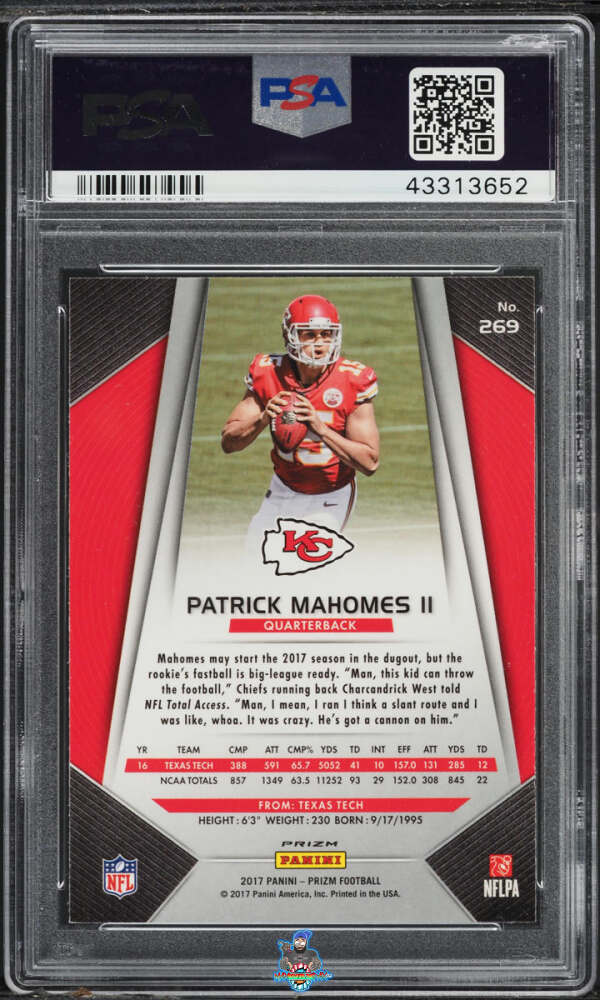 Back of 2017 Panini Prizm Red White and Blue Patrick Mahomes II #269