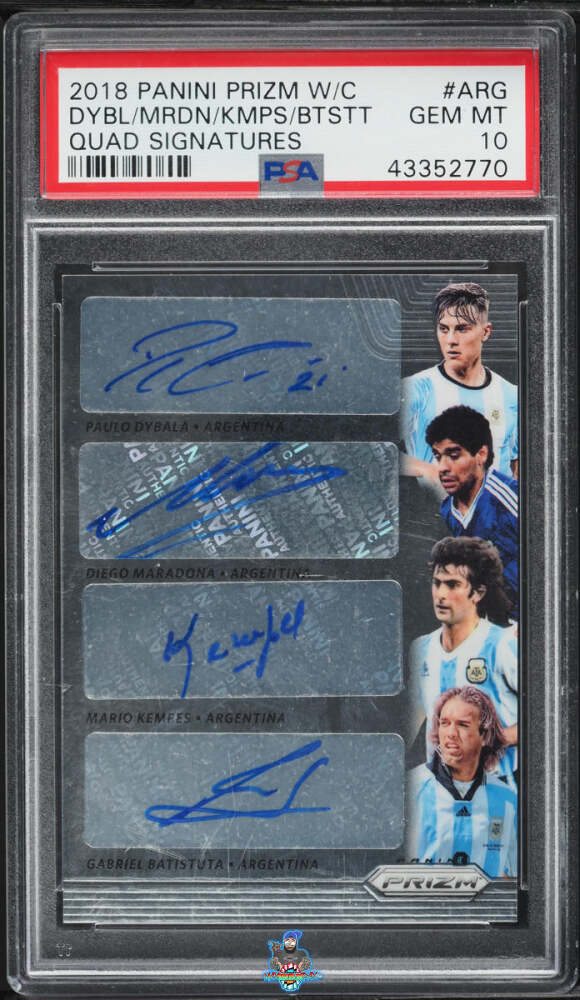 2018 Panini Prizm World Cup Quad Signatures Diego Maradona/Gabriel Batistuta/Mario Kempes/Paulo Dybala #4 /25
