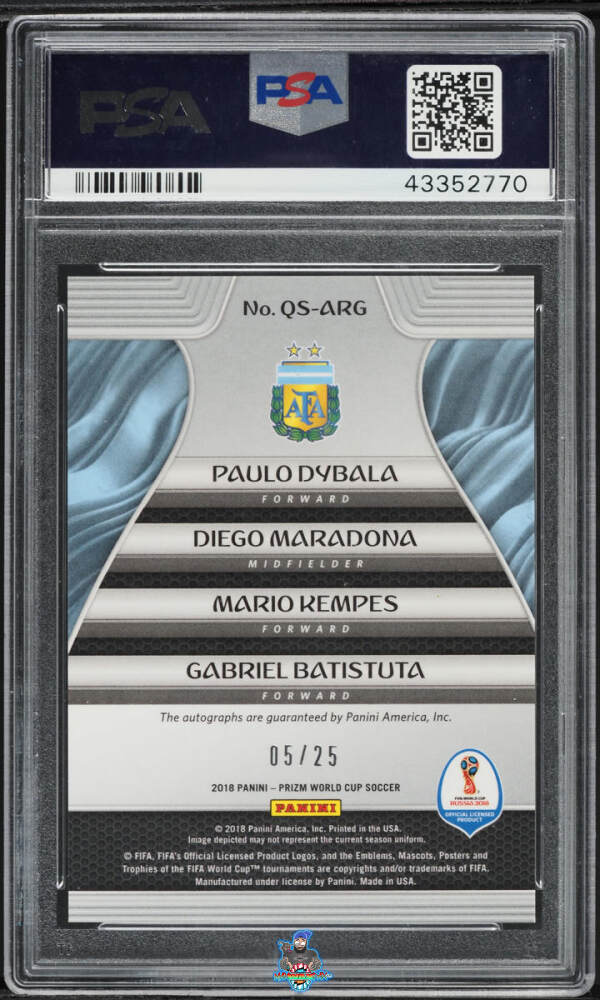 Back of 2018 Panini Prizm World Cup Quad Signatures Diego Maradona/Gabriel Batistuta/Mario Kempes/Paulo Dybala #4 /25