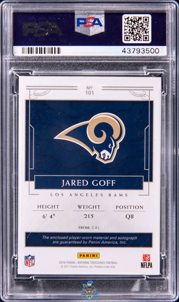 Back of 2016 National Treasures Rookie Patch Autograph Jared Goff #101 /99