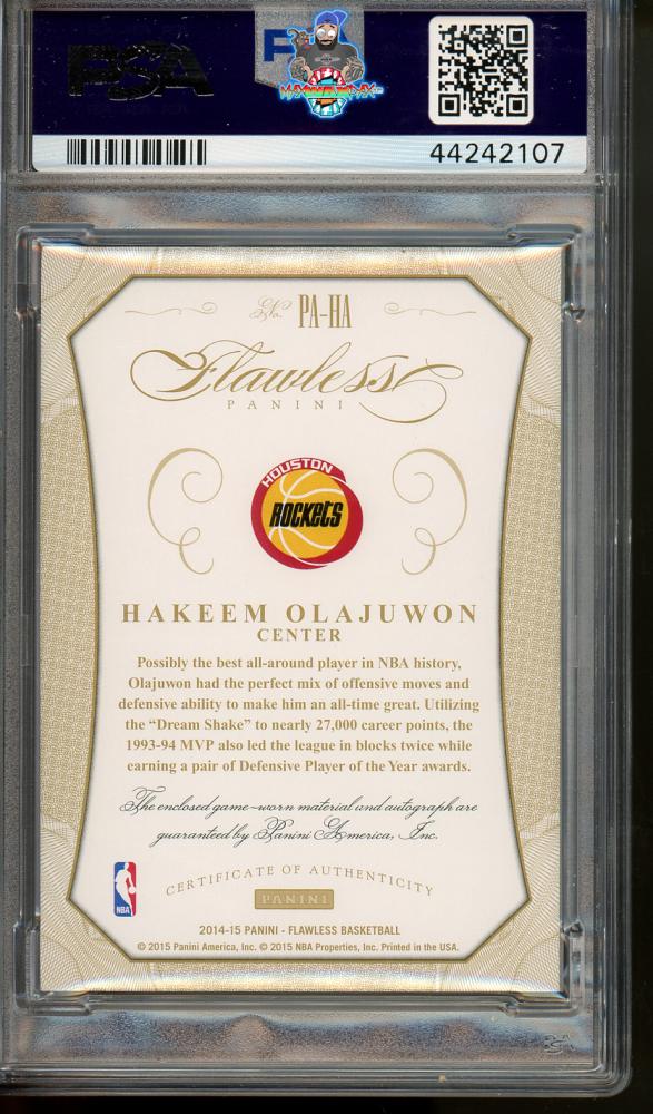 Back of 2014 Panini Flawless Patch Autograph Gold Hakeem Olajuwon #11 /10