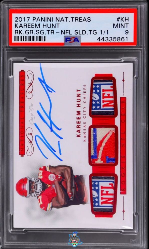 2017 National Treasures Rookie NFL Gear Trio Material Signature Laundry Tag NFL Shield Kareem Hunt #18 /1
