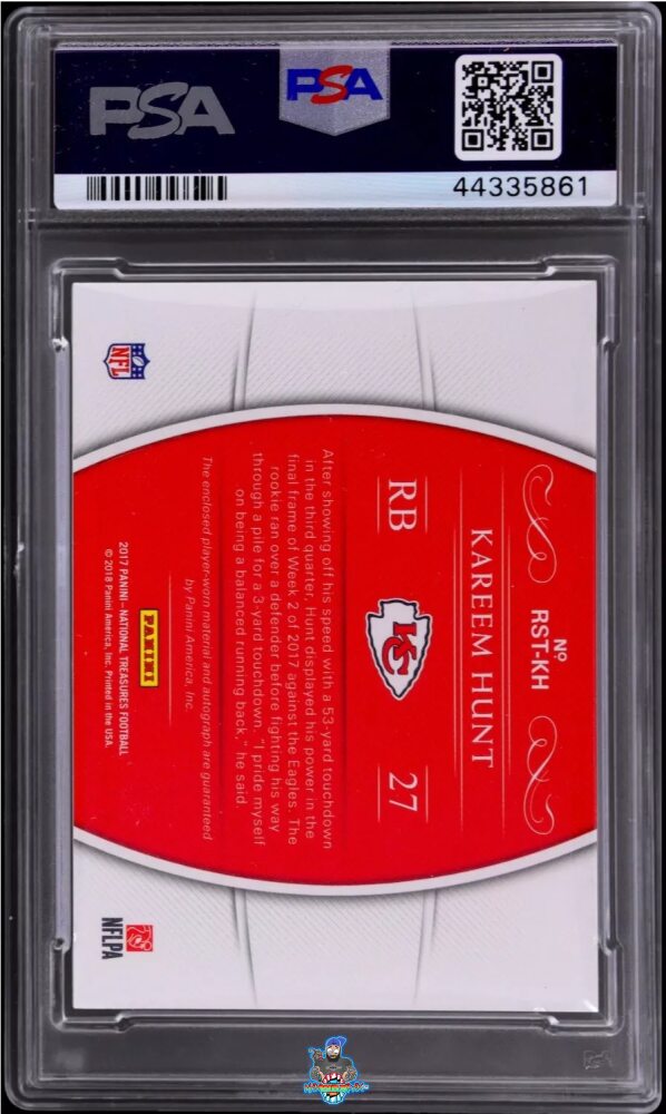 Back of 2017 National Treasures Rookie NFL Gear Trio Material Signature Laundry Tag NFL Shield Kareem Hunt #18 /1