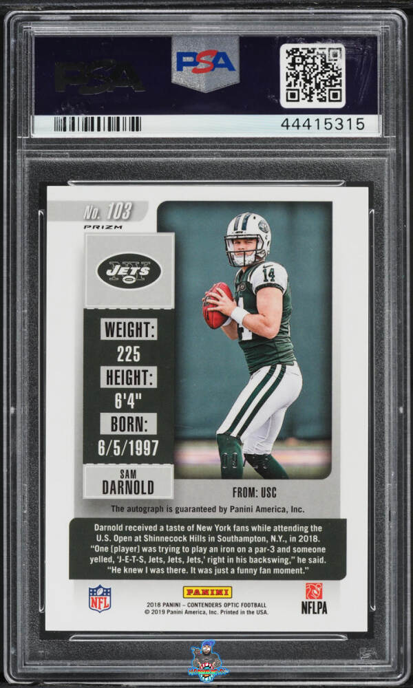 Back of 2018 Panini Contenders Optic Rookie Ticket Autograph Orange Sam Darnold #103 /25