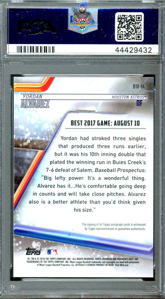 Back of 2018 Bowman's Best Best of '18 Autograph Yordan Alvarez #B18YA