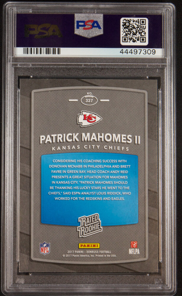 Back of 2017 Panini Donruss Rated Rookie Patrick Mahomes II #327