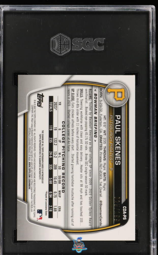 Back of 2023 Bowman Draft Chr. Pros. Auto. Aqua Lava Ref. Paul Skenes #CDA-PS