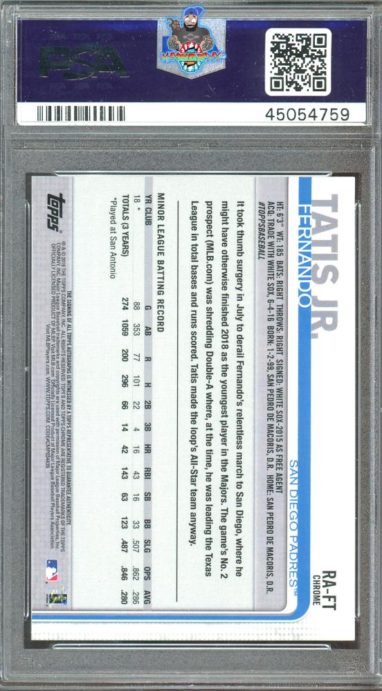 Back of 2019 Topps Chrome Rookie Autograph Fernando Tatis Jr. #RAFT