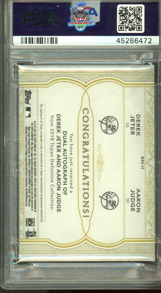 Back of 2018 Topps Definitive Collection Dual Autographs Red Aaron Judge/Derek Jeter #DACJJ /1