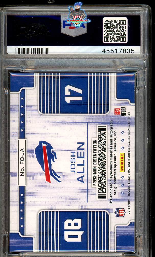 Back of 2018 Panini Rookies & Stars Freshman Orientation Autograph Relic Prime Josh Allen #5 /25
