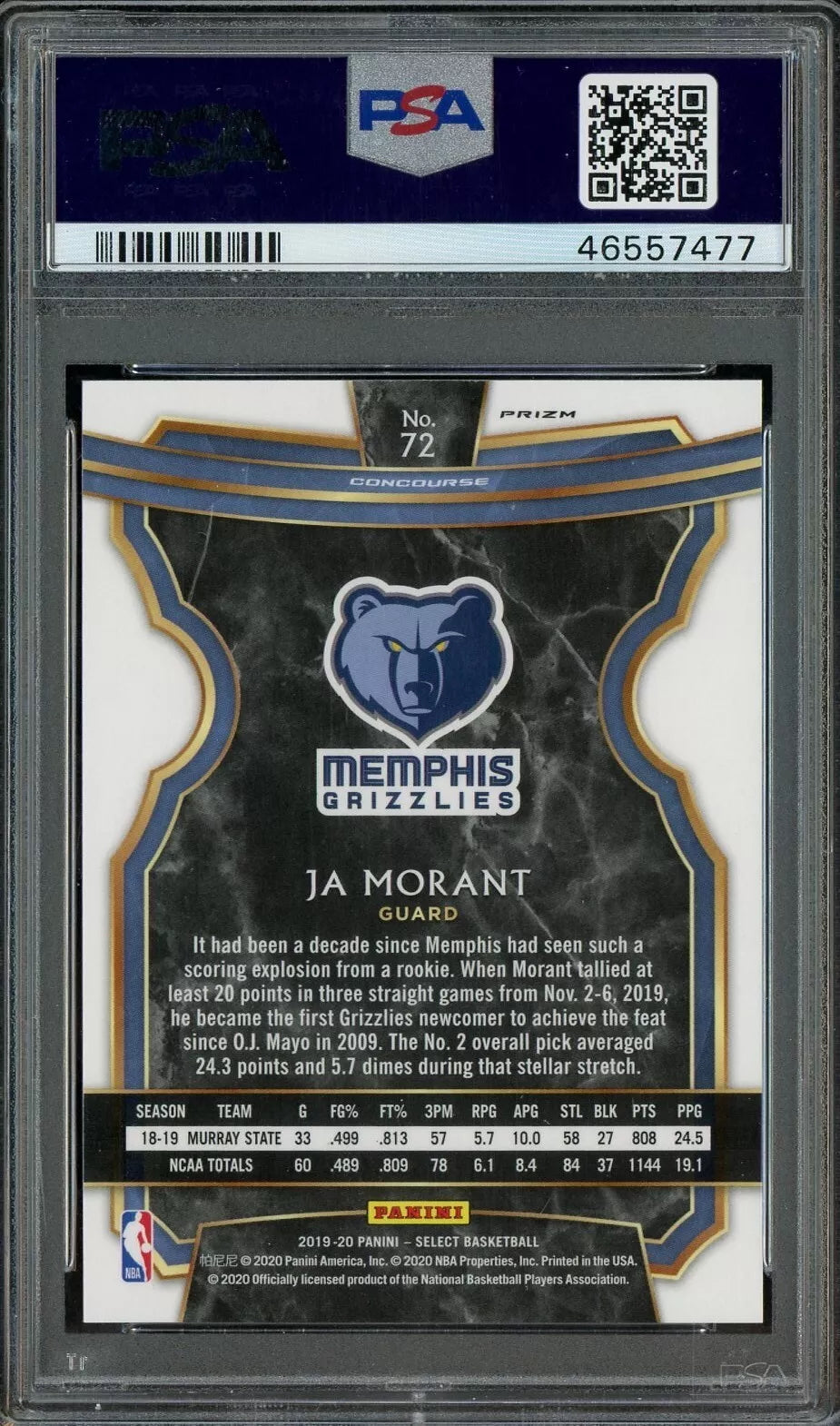 Back of 2019 Panini Select Concourse Zebra Prizm Ja Morant #72