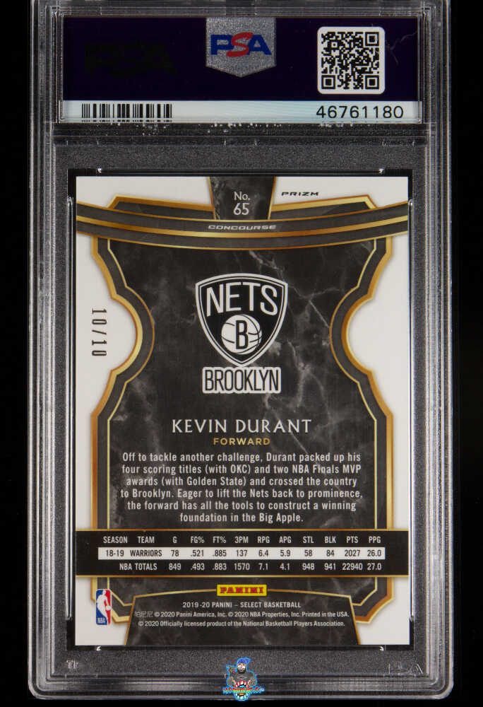 Back of 2019 Panini Select Courtside Gold Prizm Kevin Durant #65 /10