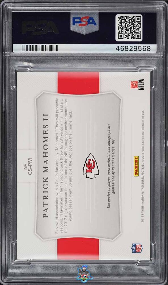 Back of 2018 National Treasures Colossal Material Signature Prime Patrick Mahomes II #18 /10