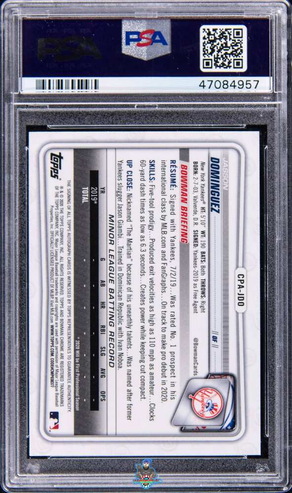 Back of 2020 Bowman Chrome Prospect Autograph Atomic Refractor Jasson Dominguez #CPAJDO /100