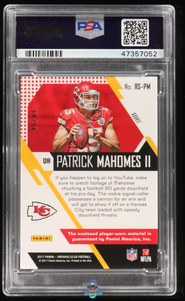 Back of 2017 Panini Unparalleled Rookie Stitches Orange Patch Patrick Mahomes II #4 /49
