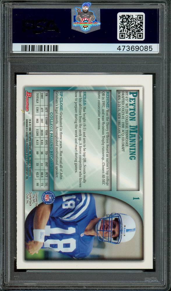 Back of 1998 Bowman Peyton Manning #1