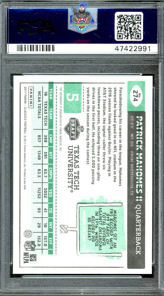 Back of 2017 Classics Significant Signature Patrick Mahomes II #274 /49