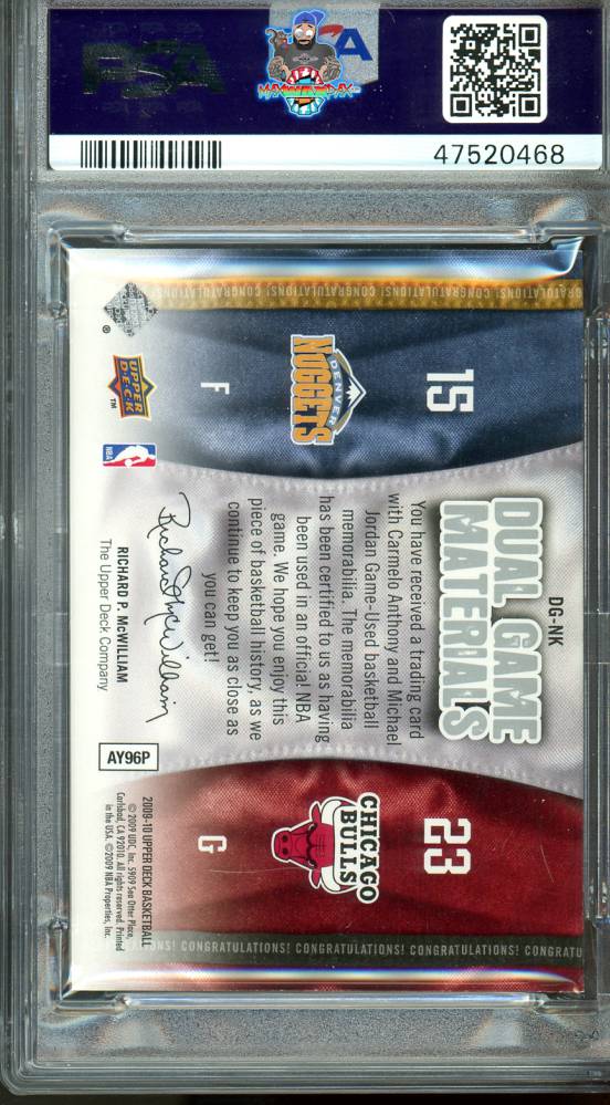 Back of 2009 Upper Deck Dual Game Materials Carmelo Anthony/Michael Jordan #DGNK