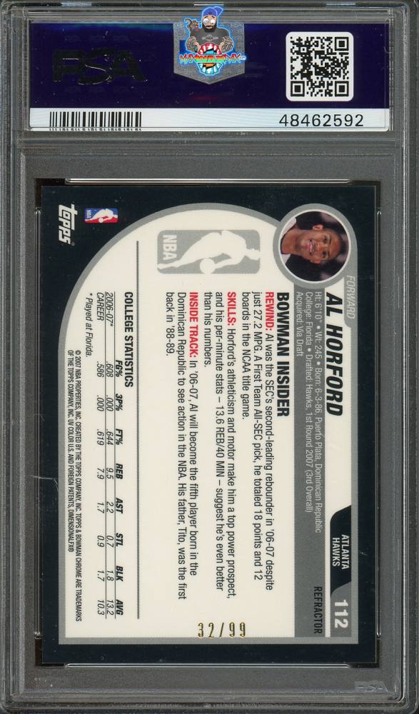 Back of 2007 Bowman Chrome Gold Refractor Al Horford #112 /99
