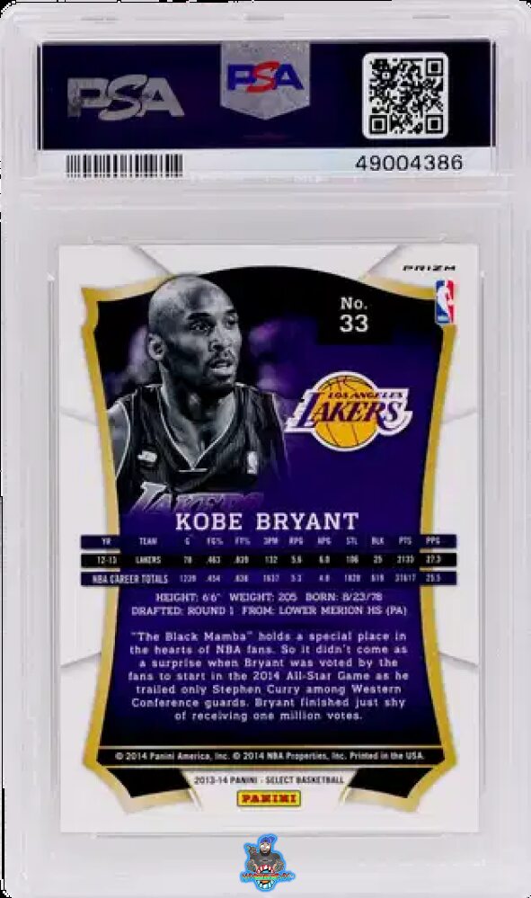 Back of 2013 Panini Select Prizm Kobe Bryant #33