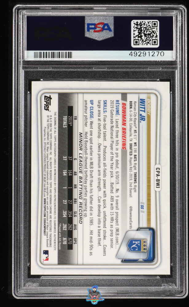 Back of 2020 Bowman Chrome Prospect Autograph Purple Refractor Bobby Witt Jr. #CPABWJ /250