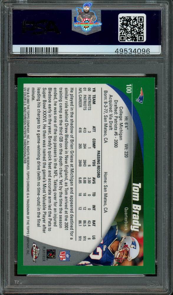 Back of 2002 Topps Chrome Tom Brady #100