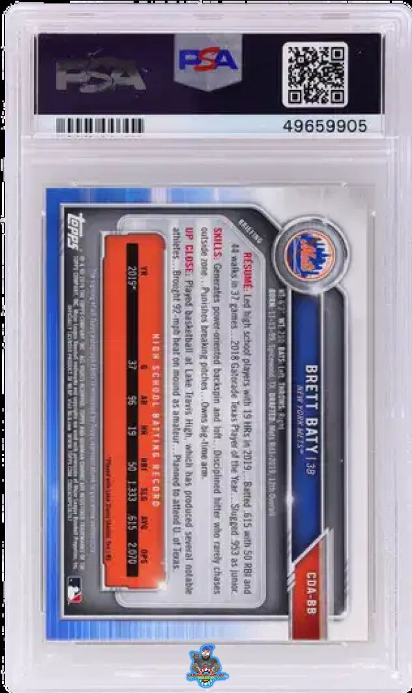 Back of 2019 Bowman Chrome Draft Autographs Black Refractor Brett Baty #CDABB /75