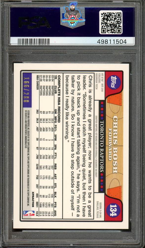 Back of 2008 Topps Chrome Xfractor Chris Bosh #134 /288