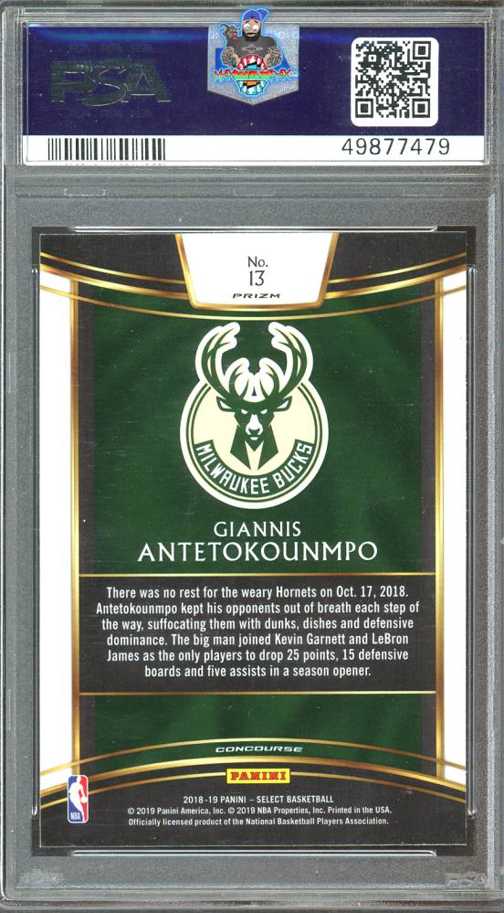 Back of 2018 Panini Select Prizms Silver Giannis Antetokounmpo #13
