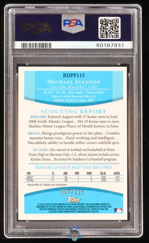 Back of 2008 Bowman Draft Chrome Prospect Autograph Xfractor Giancarlo Stanton #BDPP115 /225